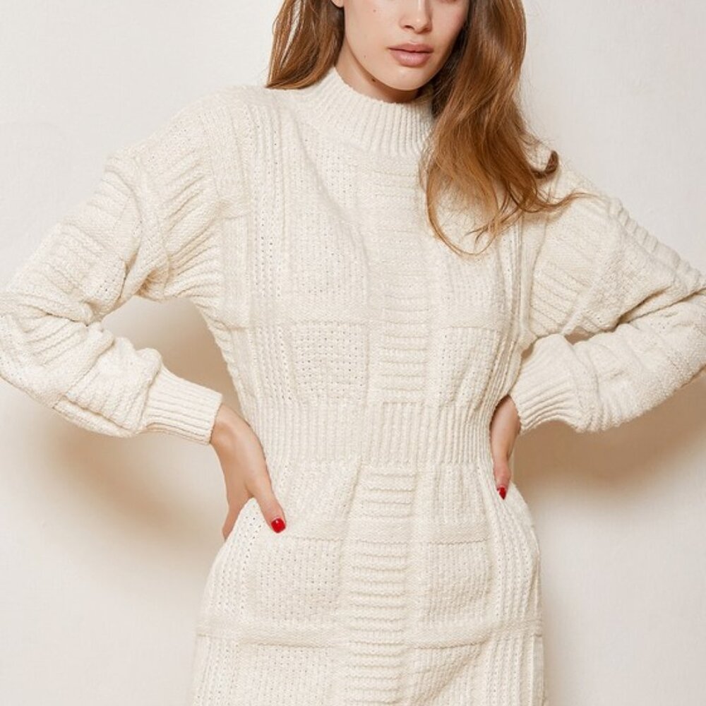 Lulus Patchwork It Cream Cable Knit Cutout Sweater Dress White - Size M